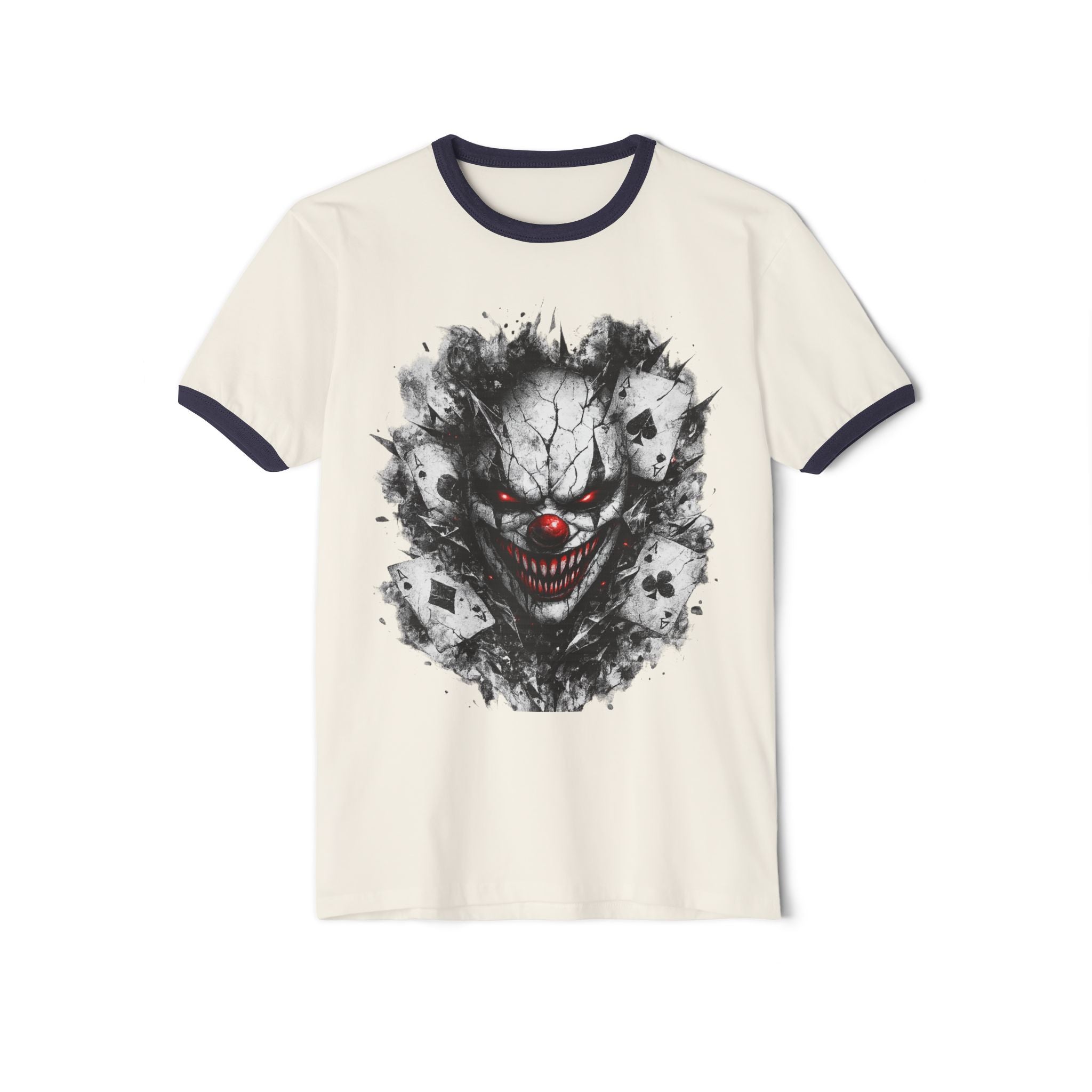 Creepy Clown Ringer T-Shirt — Horror Skull Face Graphic Tee for Halloween