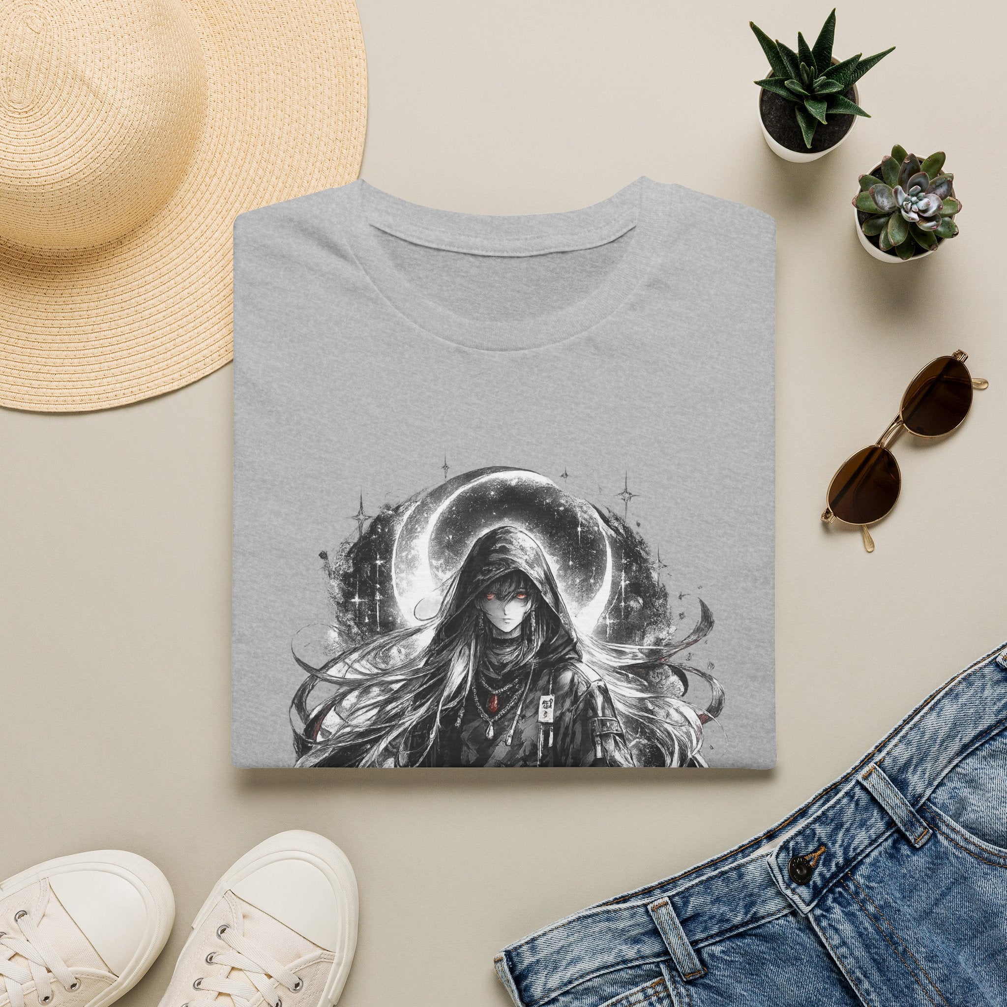 Gothic Moon Hooded Maiden T-Shirt — Dark Anime Witch Illustration
