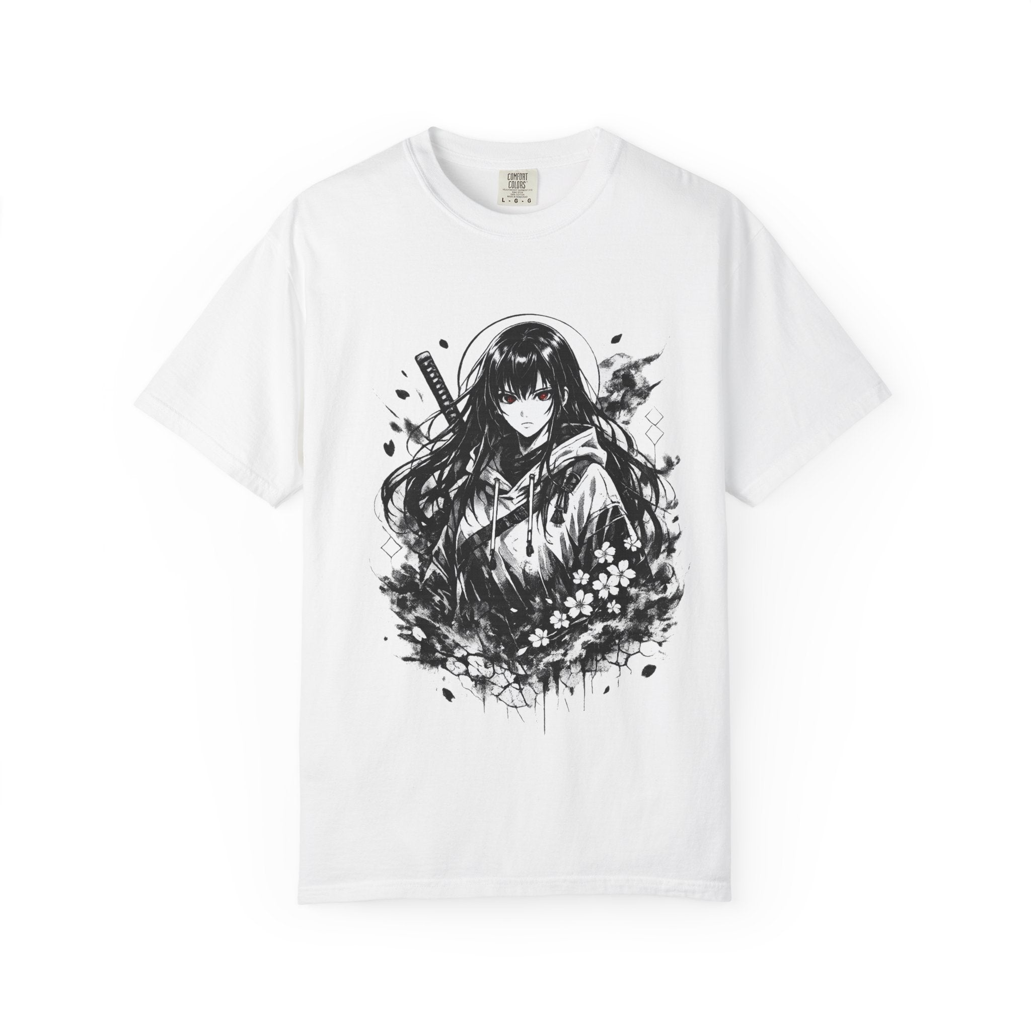 Anime Samurai Girl Graphic Tee — Black & White Floral Katana T-Shirt