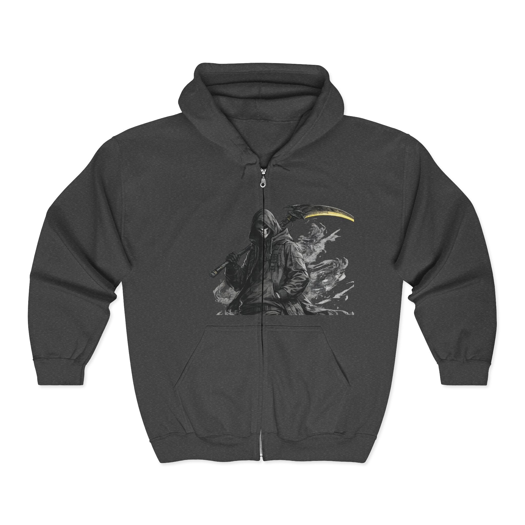 Grim Reaper Scythe Zip Hoodie — Dark Gothic Full-Zip Sweatshirt