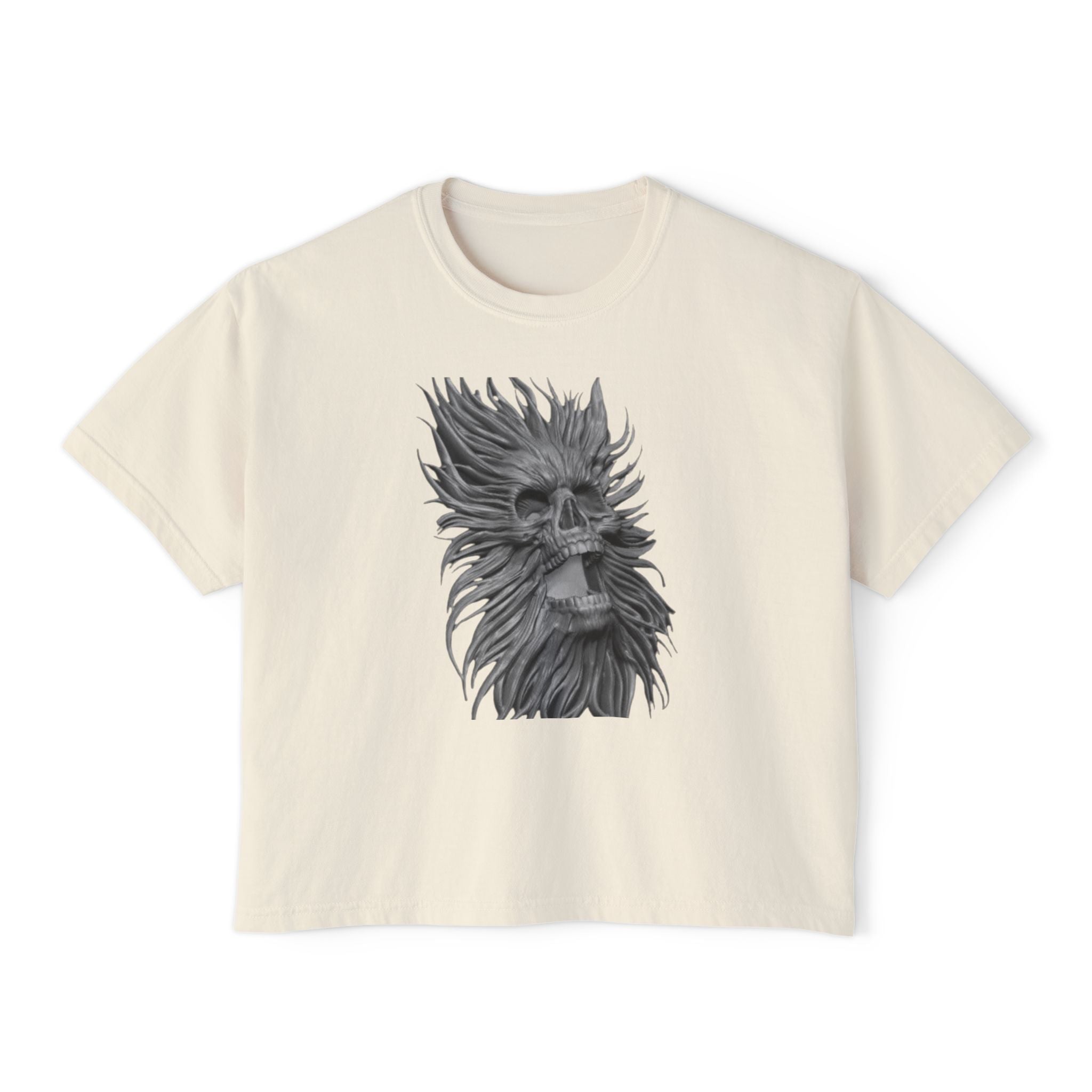 Women's Boxy Tee — Monochrome Wind-Swept Skull Graphic