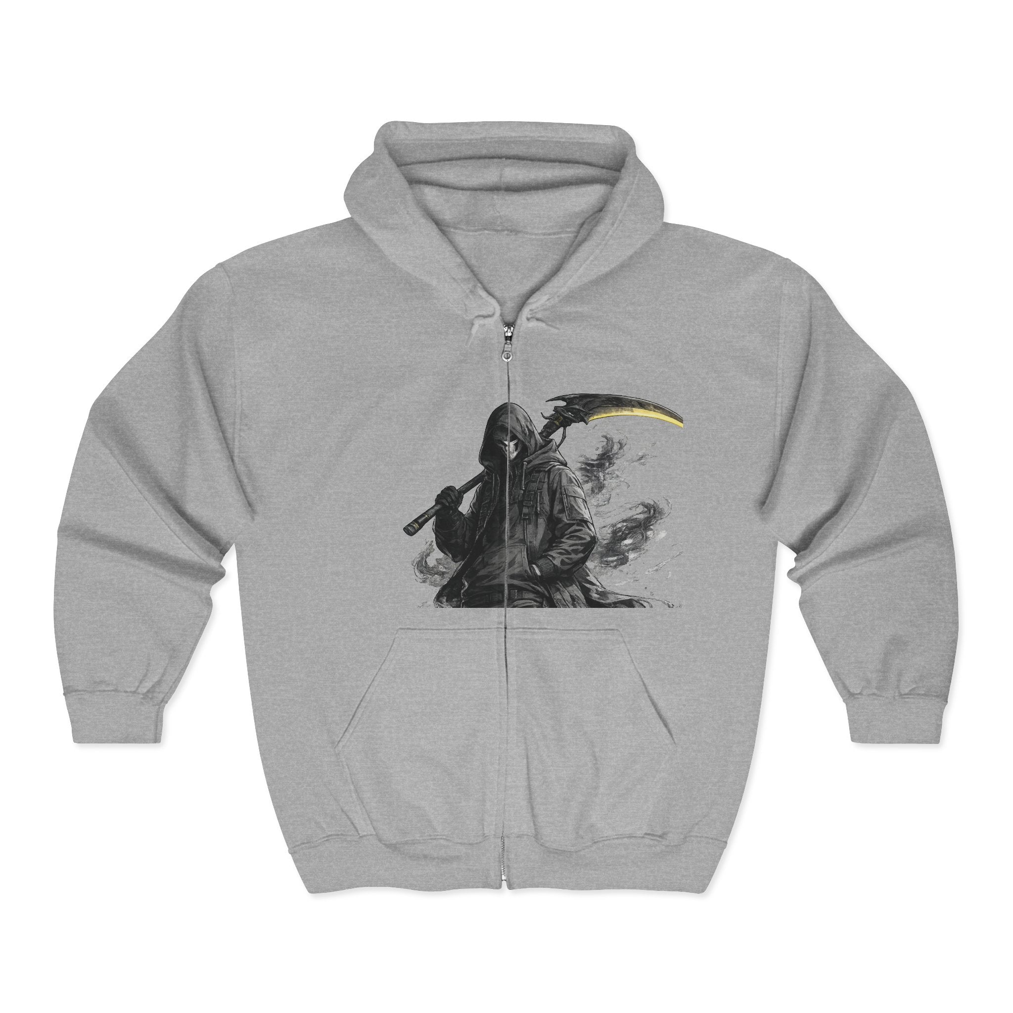 Grim Reaper Scythe Zip Hoodie — Dark Gothic Full-Zip Sweatshirt