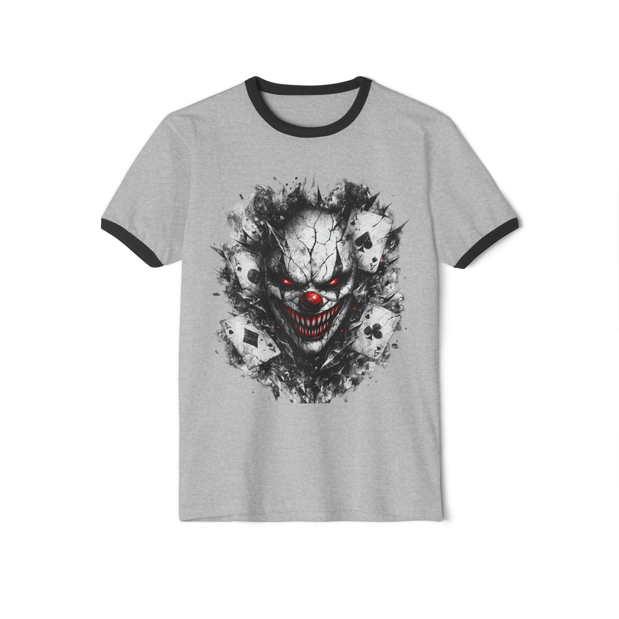 Creepy Clown Ringer T-Shirt — Horror Skull Face Graphic Tee for Halloween
