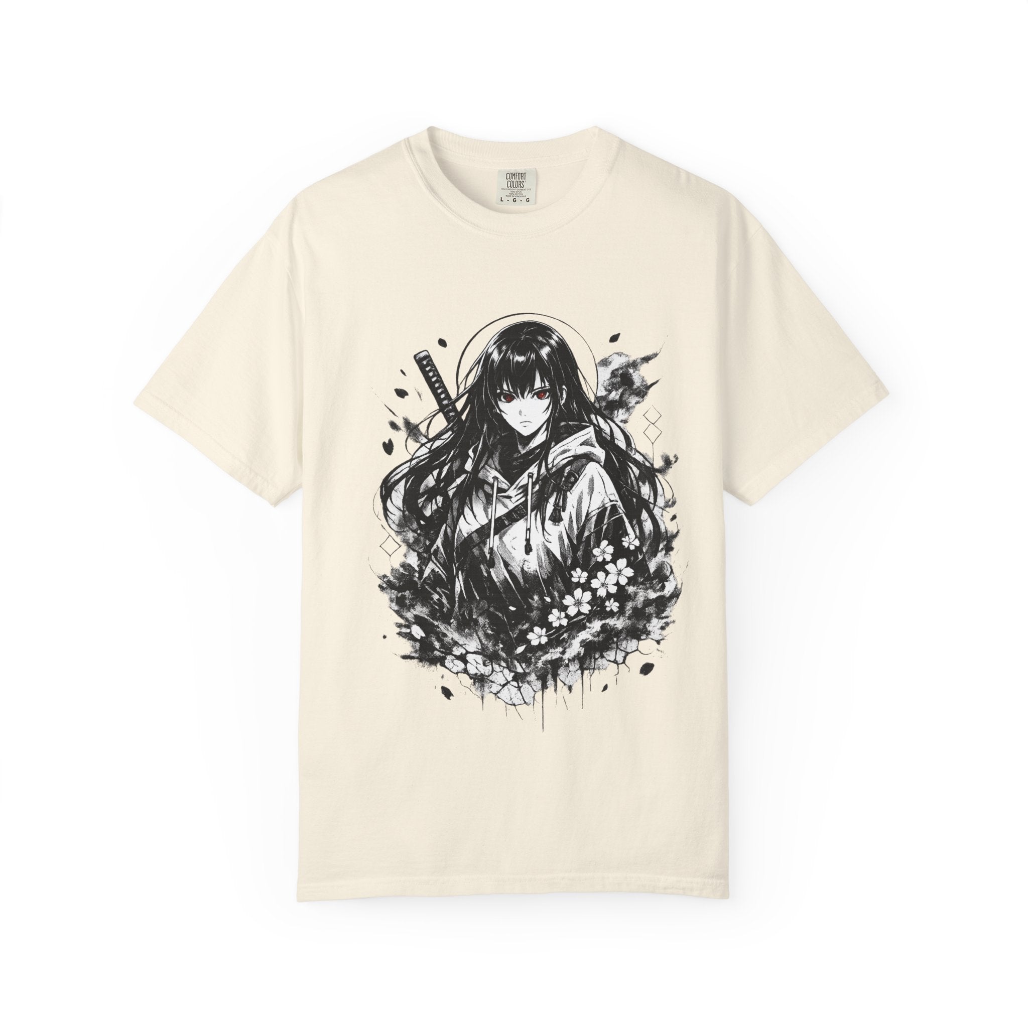 Anime Samurai Girl Graphic Tee — Black & White Floral Katana T-Shirt