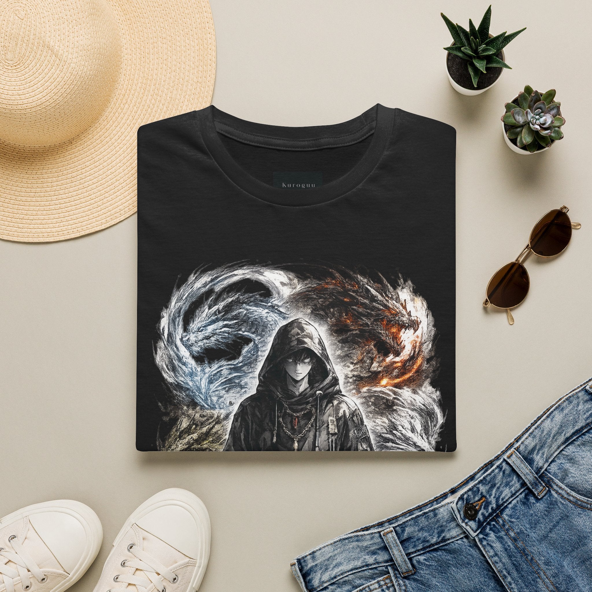 Dragon Yin-Yang Hoodie T-Shirt — Hooded Shadow with Fire & Ice Dragons
