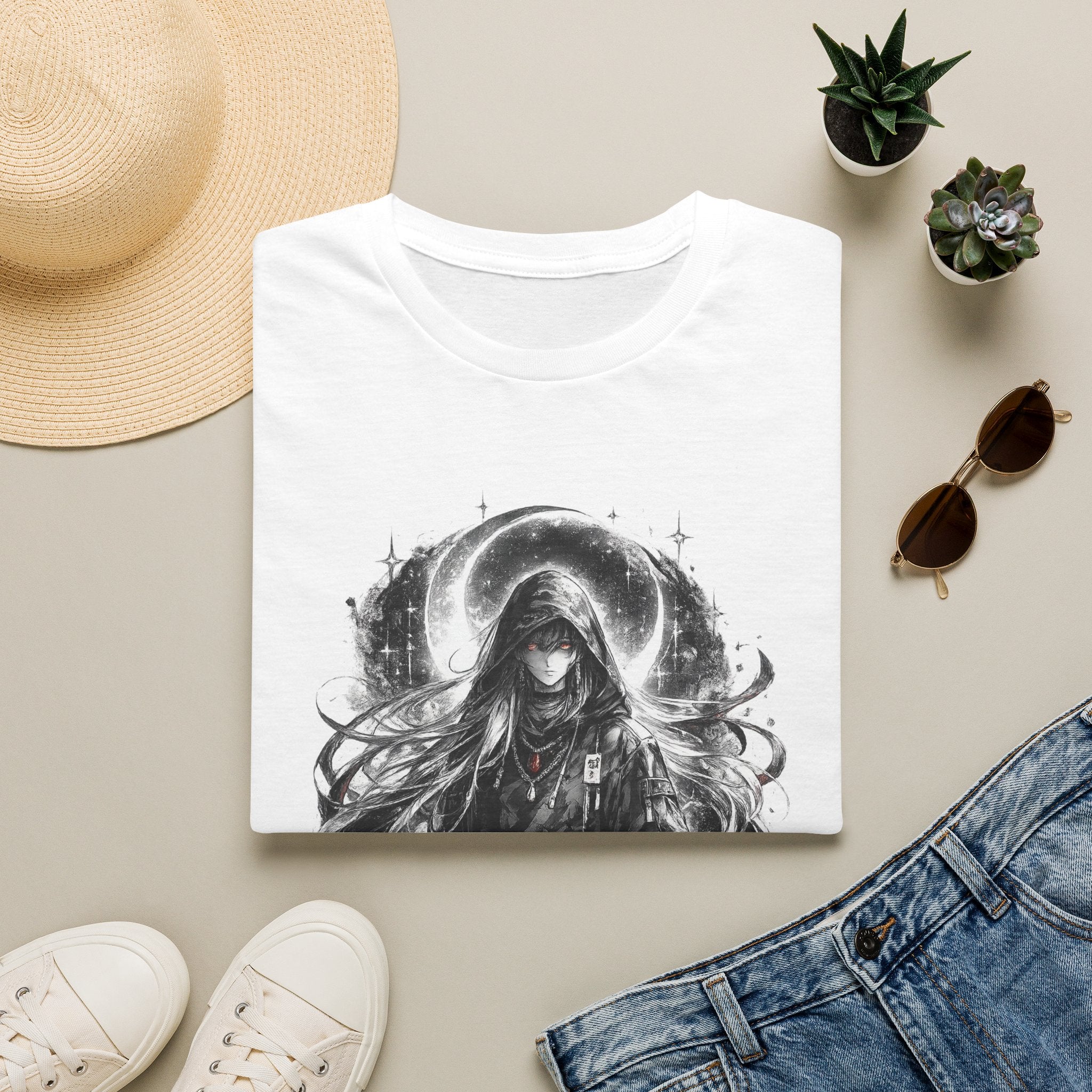 Gothic Moon Hooded Maiden T-Shirt — Dark Anime Witch Illustration