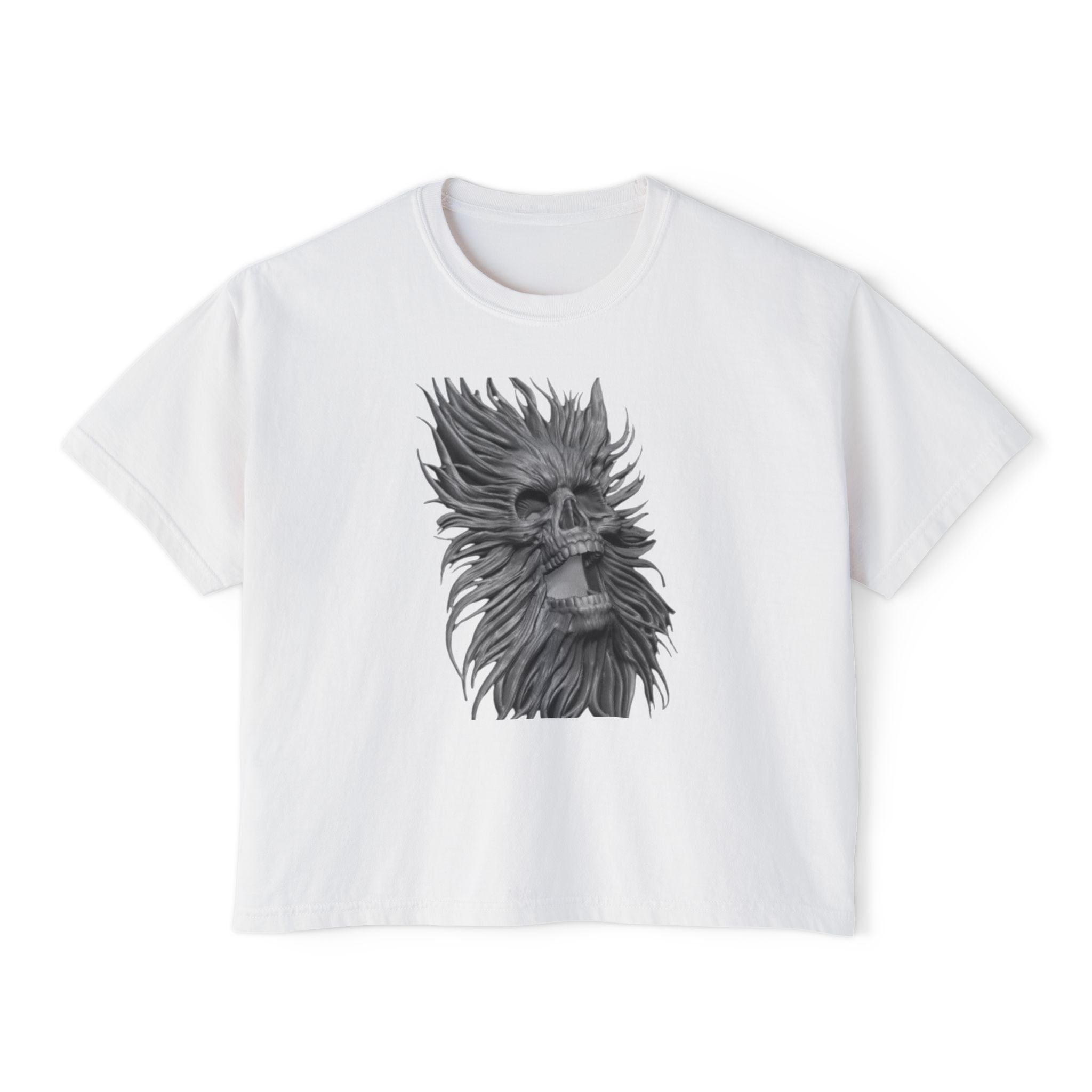 Women's Boxy Tee — Monochrome Wind-Swept Skull Graphic